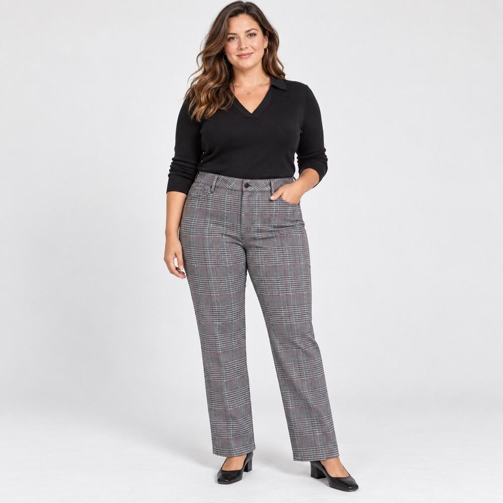 NYDJ Pants Womens 20W Gray Plaid Marilyn Straight Leg Stretch Trousers Lift Tuck